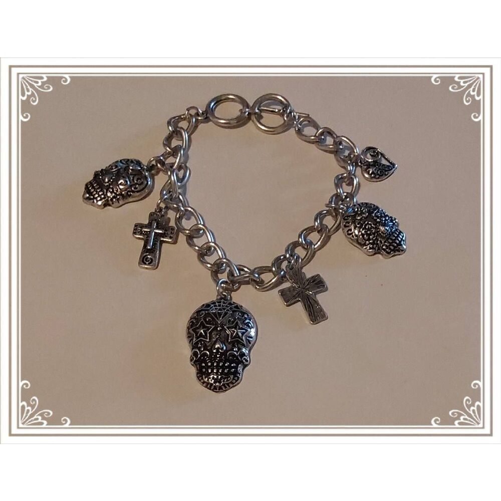 Super Cute & Trendy Silver Sugar Skull~Cross~Heart Charm Bracelet